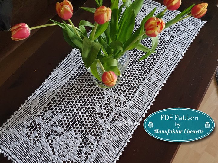 Tischläufer "Eulen" - Eulenkollektion, Häkelanleitung Filetdeckchen
