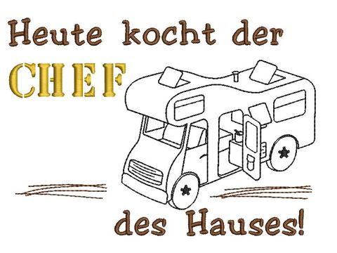 Stickdatei Camping für Geschirrtuch Schürze CHEF mit Wohnmobil