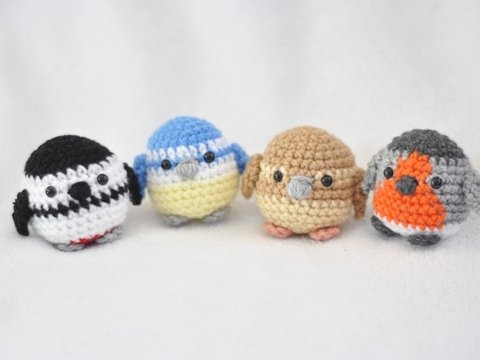 Häkelanleitung Vögel, Specht, Blaumeise, Zaunkönig und Rotkelchen