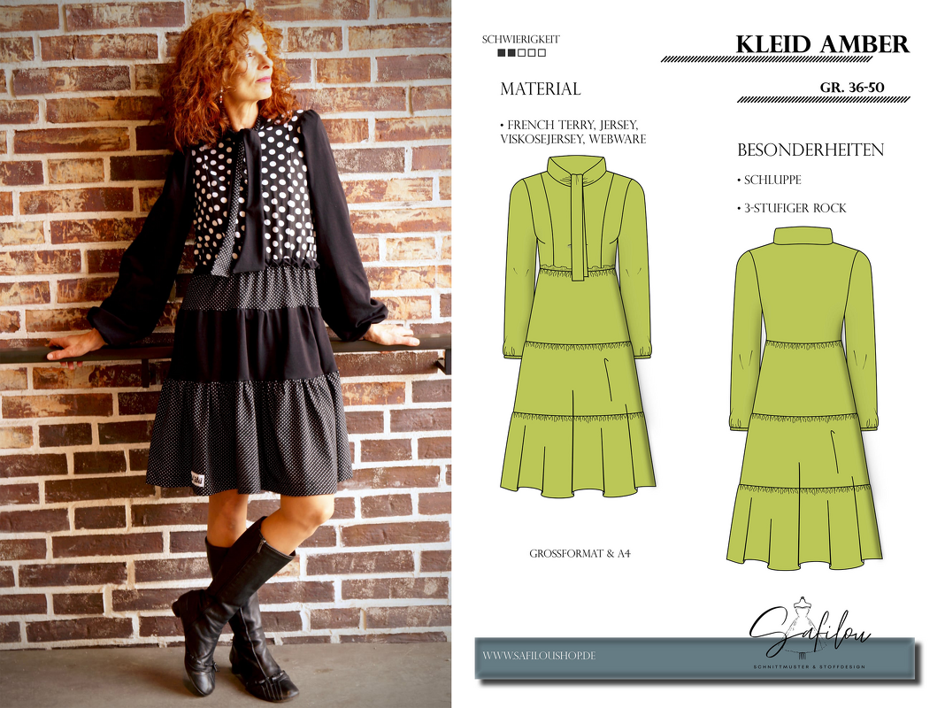 PDF-Schnittmuster Kleid Amber – Feminines Design mit Schluppe und Stufen