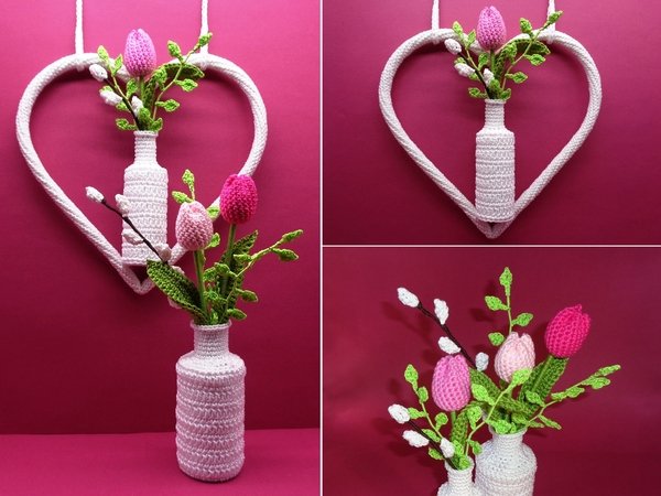 Häkel-Deko Herz mit Vasen und Blumen - einfach aus Wollresten