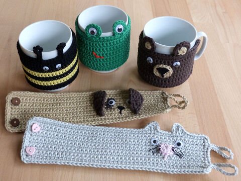 Häkelanleitung für Tassenwärmer "Cup cozy" mit 5 tierischen Motiven