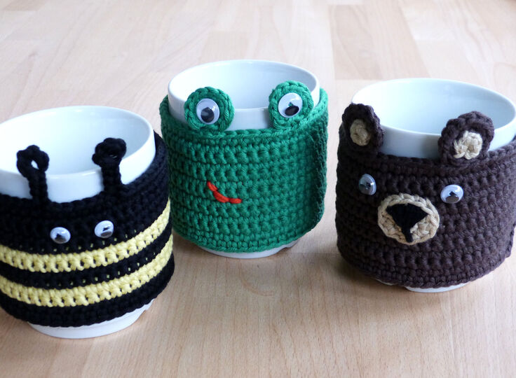 Häkelanleitung Tassenwärmer "Mug cozy" mit 5 tierischen Motiven