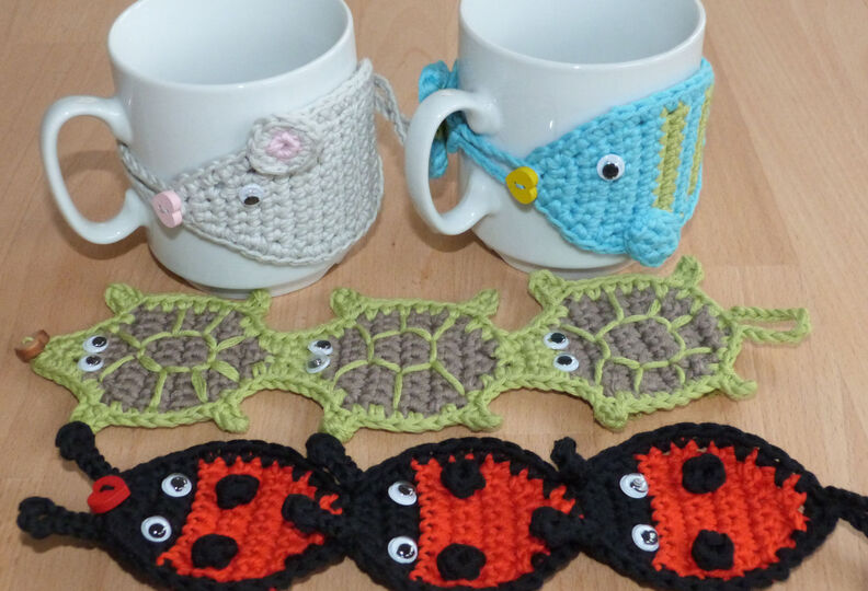 Häkelanleitung für Tassenwärmer "Cup cozy" mit 4 tierischen Motiven