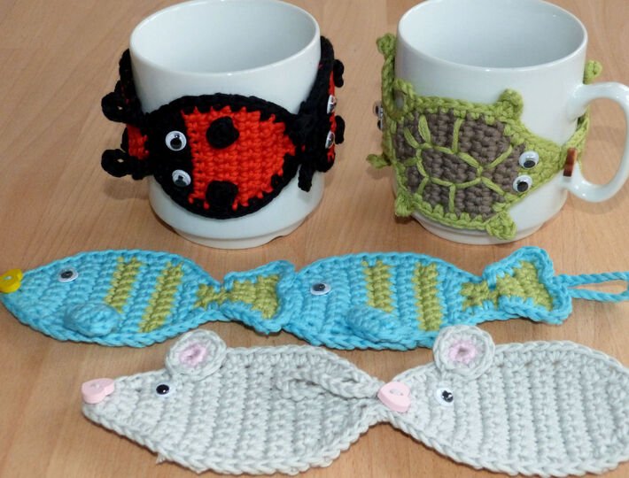 Häkelanleitung Tassenwärmer "mug cozy" mit 4 tierischen Motiven