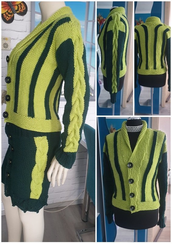 Gestricktes Set aus Cardigan und Rock in Limettengrün und Dunkelgrün mit vertikalen Streifen und Zopfmustern auf einer Schaufensterpuppe.