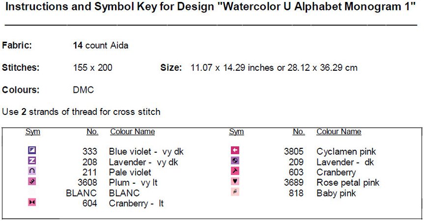 Watercolor U Alphabet Monogram Cross Stitch Pattern PDF