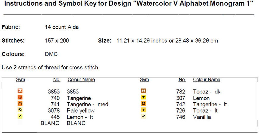 Watercolor V Alphabet Monogram Cross Stitch Pattern PDF
