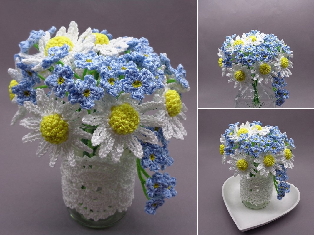 Margeriten und Vergissmeinnicht Häkel-Deko - einfach aus Wollresten