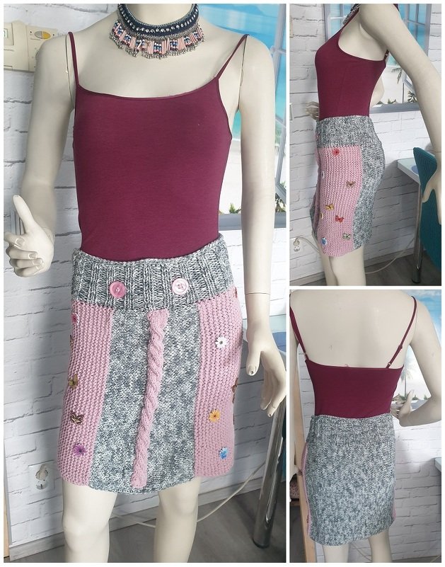 Gestrickter Minirock grau und rosa mit Zopfmuster, Knöpfen und Applikationen