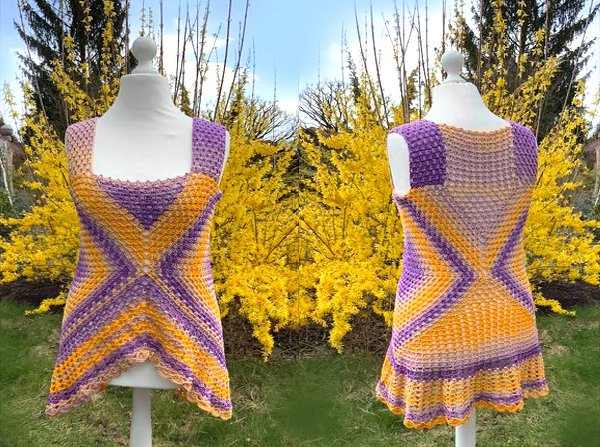 Vorder- und Rückansicht eines gehäkelten ärmellosen Tops in Lila und Orange auf einer Schaufensterpuppe vor gelben Forsythien.