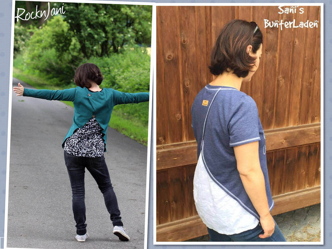 Zwei Rückansichten von Damenshirts: links petrolfarbenes Langarmshirt mit geknöpfter Öffnung und gemusterter Einsatzzone, rechts blaues Kurzarmshirt mit diagonalem weißen Einsatz.