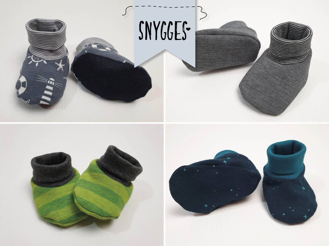 Verschiedene genähte Babyschuhe mit Umschlagbündchen und weichen Sohlen