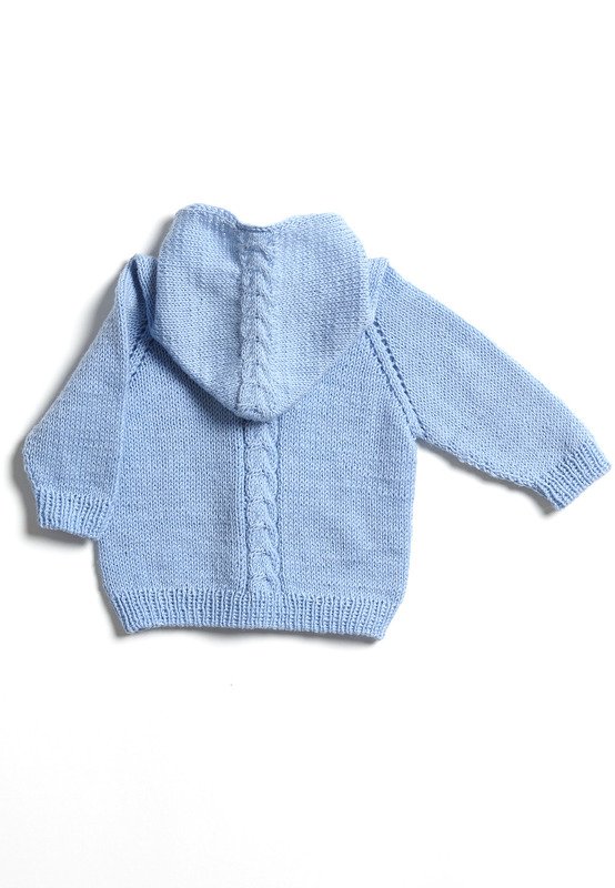 Hellblaue gestrickte Babyjacke mit Raglanärmeln, Kapuze und Zopfmuster