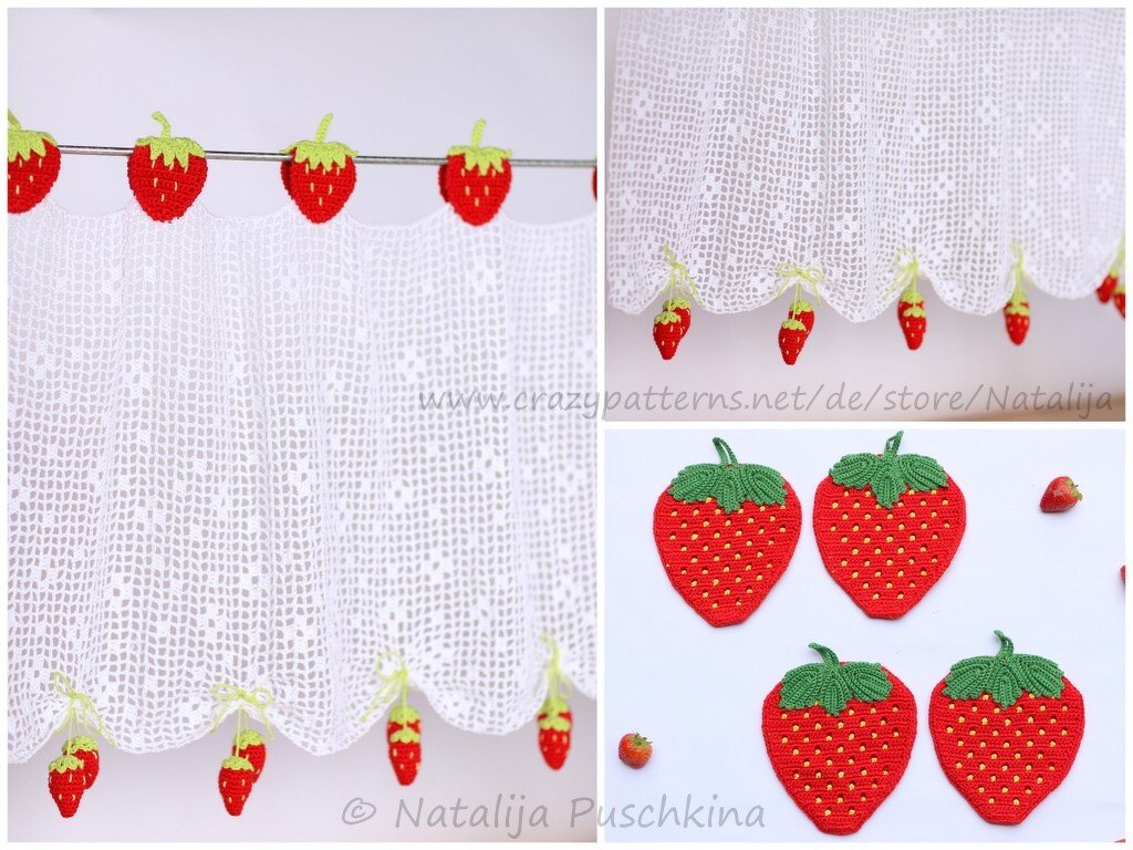 Erdbeeren Zeit kommt... H&auml;kelanleitung f&uuml;r Gardine und Topflappen