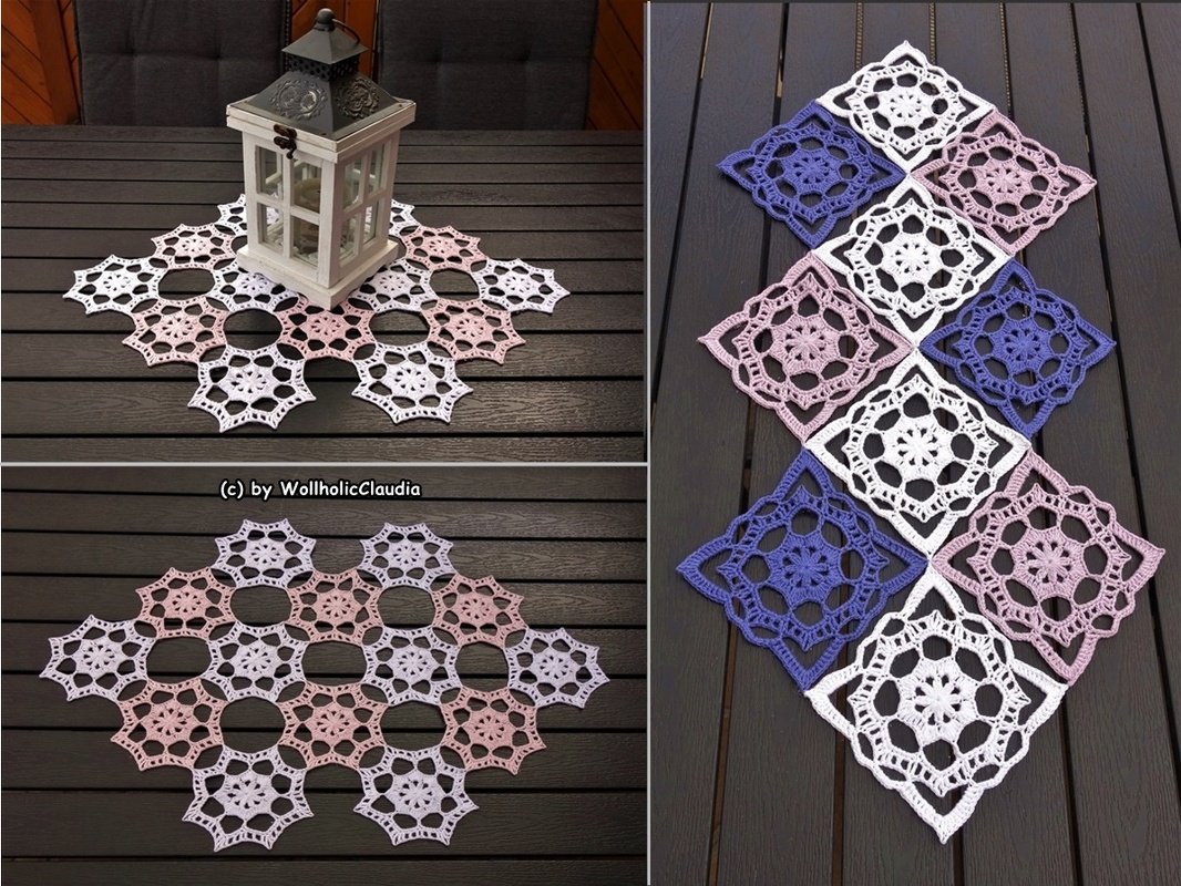 Gehäkeltes Deckchen und Läufer aus pastellfarbenen Granny-Motiven in Rosa, Lila und Weiß mit Laterne in der Tischmitte