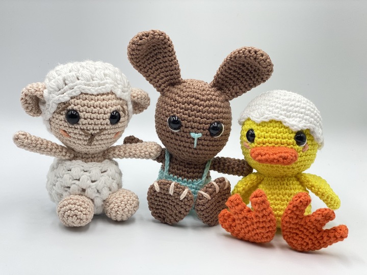 Häkelanleitung - Hase Hoppel, Schäfchen Bella und Küken Tinkerbell