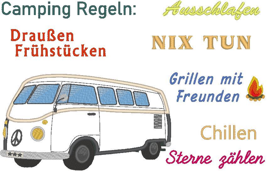 Camping Bus - Camping Regeln Stickdatei