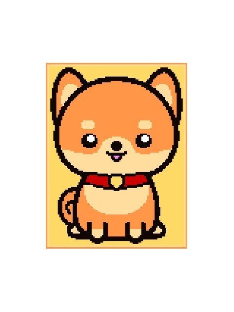 Orangefarbener Pixelhund mit rotem Halsband auf gelbem Quadrat.