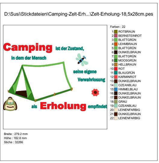 Zelt - Camping ist Erholung Stickdatei - Bild 2