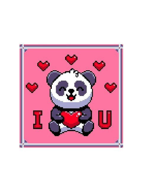 Pixelart-Panda hält rotes Herz auf rosa Hintergrund, umgeben von kleinen Herzen und den Buchstaben I und U