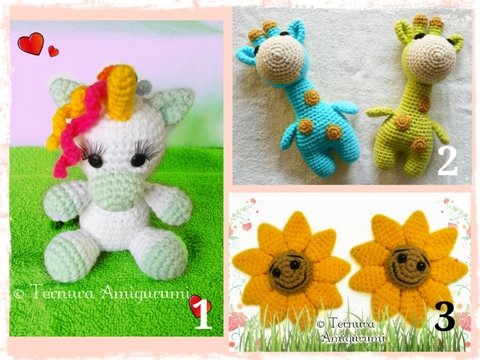 Häkelanleitung x 3 !! Einhorn, Sonnenblume, Giraffe. Ternura Amigurumi