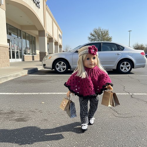 Doll wearing scalloped magenta crochet poncho and floral headband, holding shopping bags in a parking lot