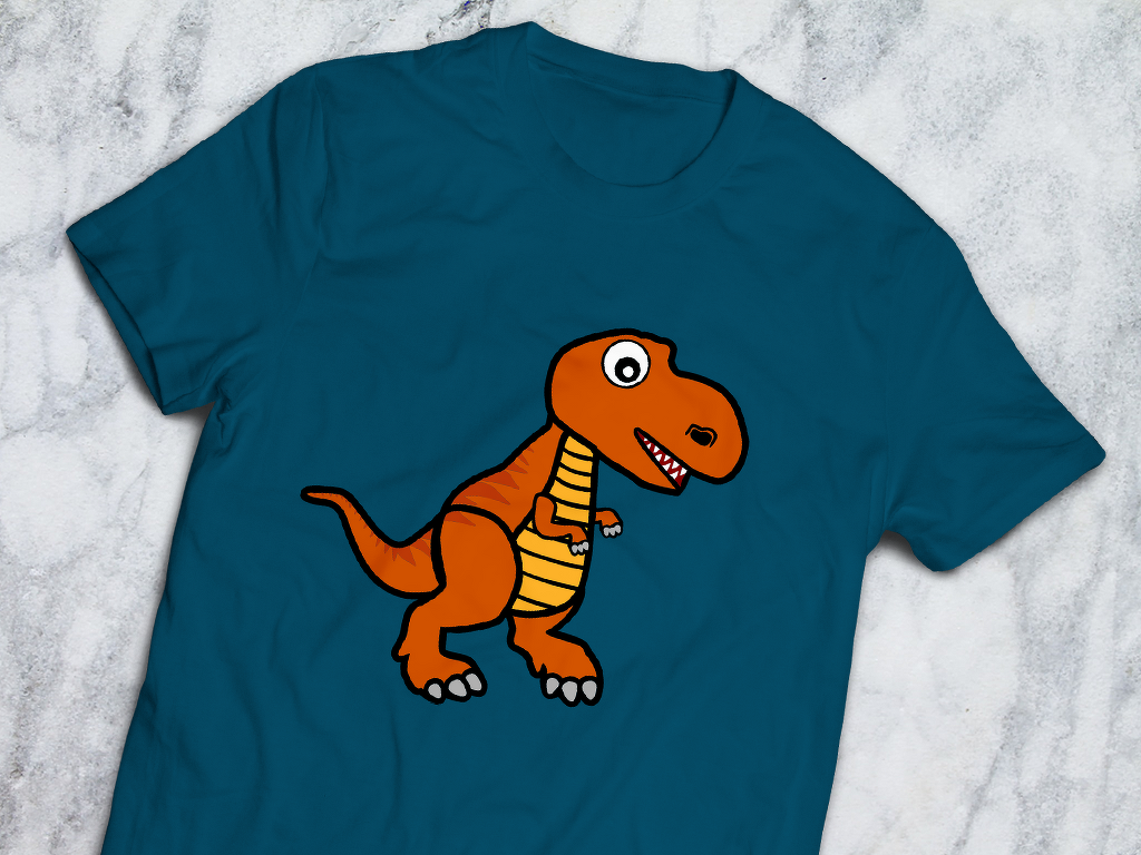 Petrolfarbenes T‑Shirt mit mittig platziertem, orangefarbenem T‑Rex‑Motiv mit klaren Konturen