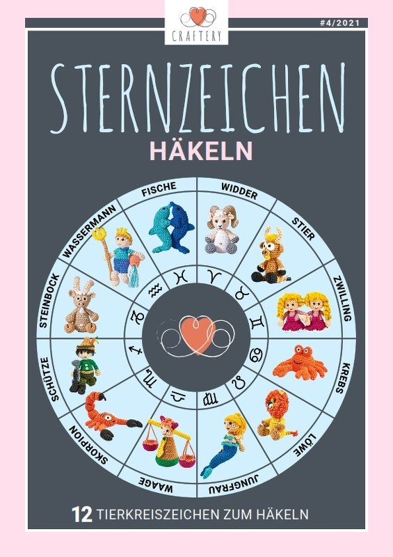Cover mit dem Titel 'Sternzeichen Häkeln' und einem Kreisdiagramm mit zwölf gehäkelten Tierkreisfiguren