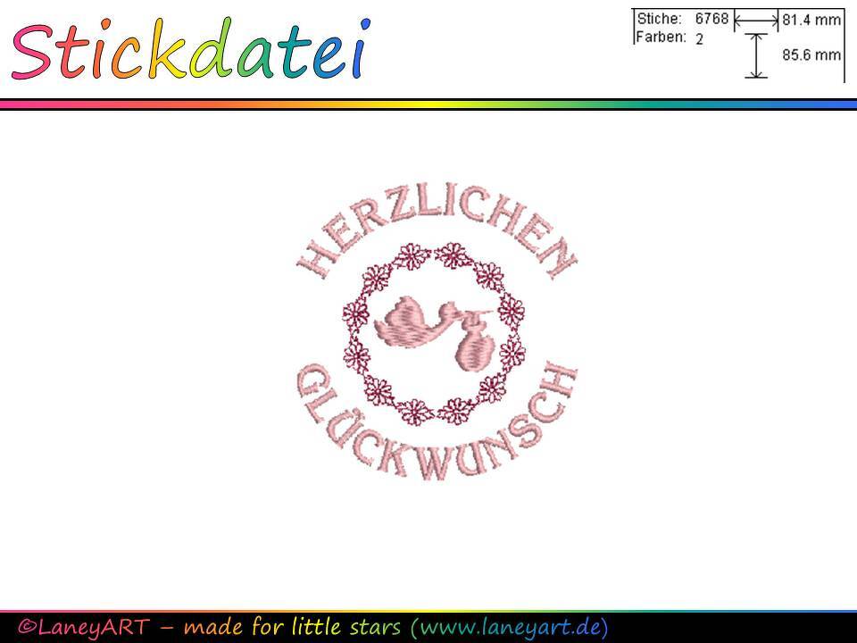 Stickdatei "Herzlichen Glückwunsch - Storch (Rosa)"