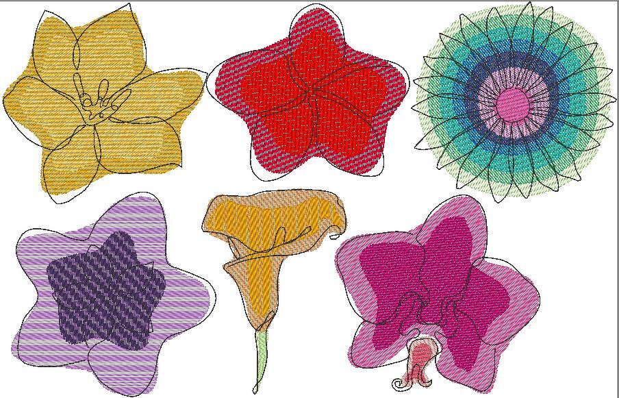 Blumen doodle eine Linie Stickdatei von 3 bis 20cm