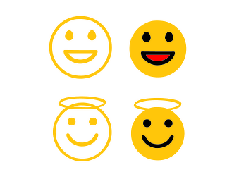 Vier gelbe Smiley-Gesichter: zwei Konturen, zwei gefüllt; zwei mit Heiligenschein, auf weißem Hintergrund.