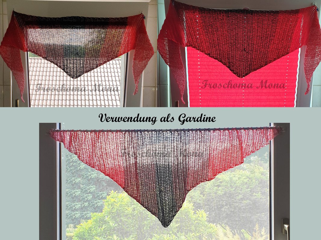 Häkel‑Dreieckstuch in Rot bis Schwarz mit offenem Maschenbild, als Gardine vor einem Fenster aufgehängt