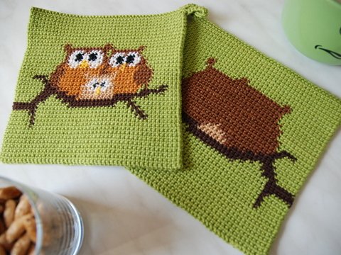 Häkelanleitung Doubleface-Topflappen Eulen