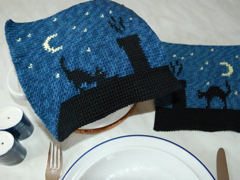 Häkelanleitung Doubleface-Topflappen Katze auf dem Dach