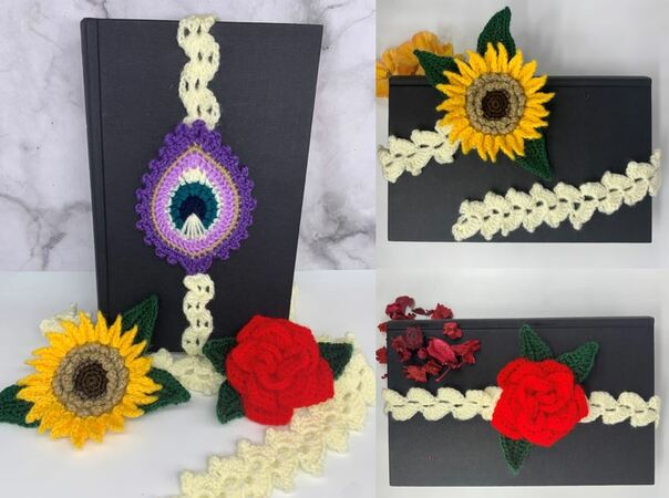 Crochet pattern - 3-in-1 bookmarks: peacock feather, rose and sunflower