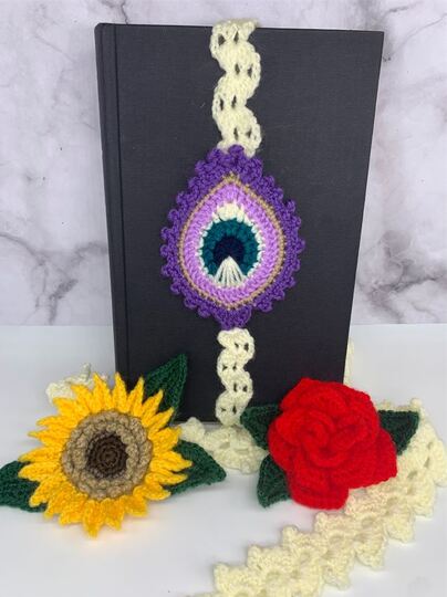 Crochet pattern - 3-in-1 bookmarks: peacock feather, rose and sunflower