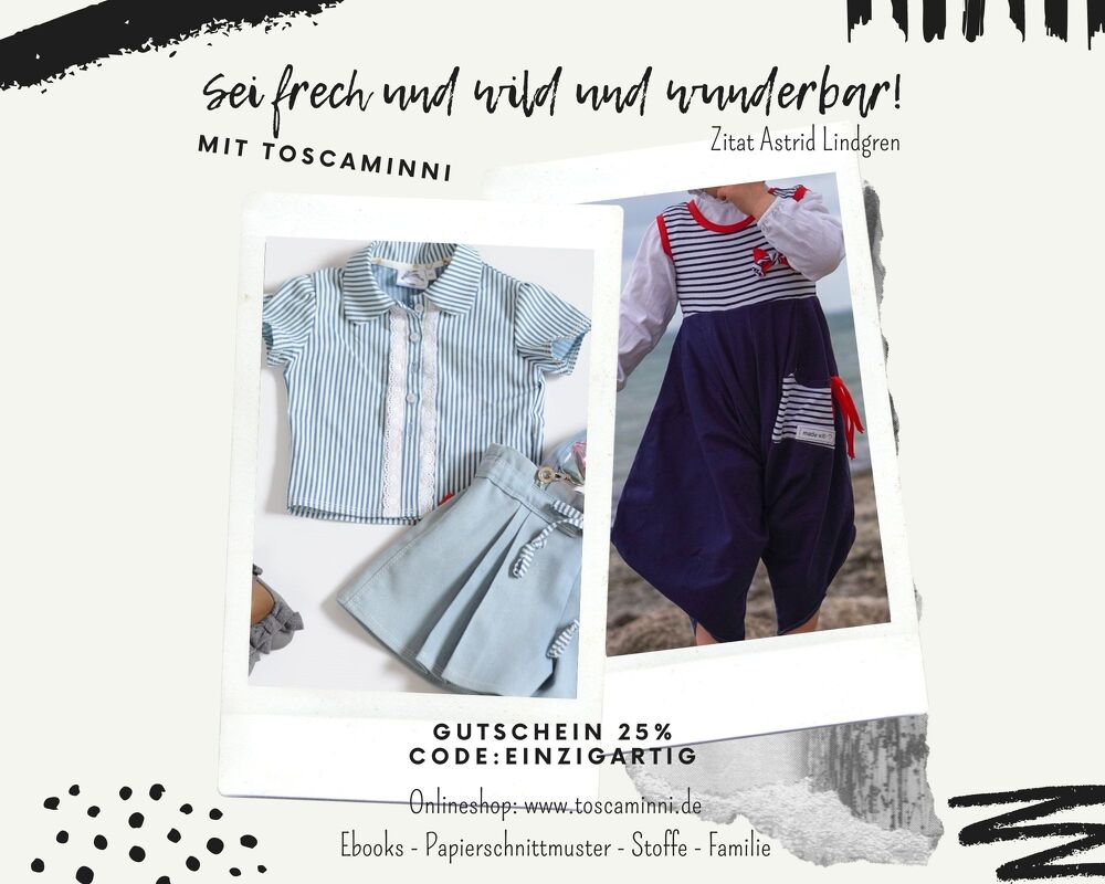 Gestreiftes Kurzarmhemd mit Faltenrock und maritimer Overall an einem Kind