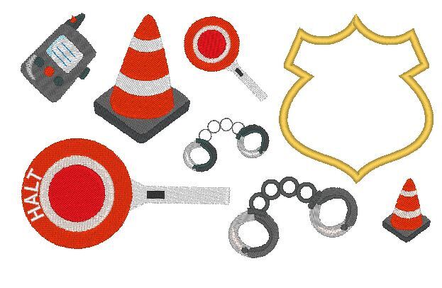 Polizei Zubehör Stickdatei Kegel Kelle Handschellen Button