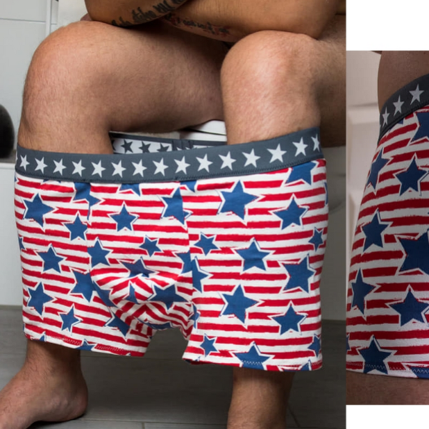 Herrenboxershorts rot-weiß gestreift mit blauen Sternen und grauem Bündchen