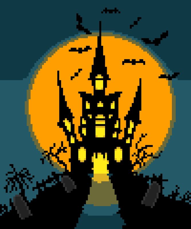 Pixelart Spukschloss vor orangefarbenem Vollmond mit Fledermäusen