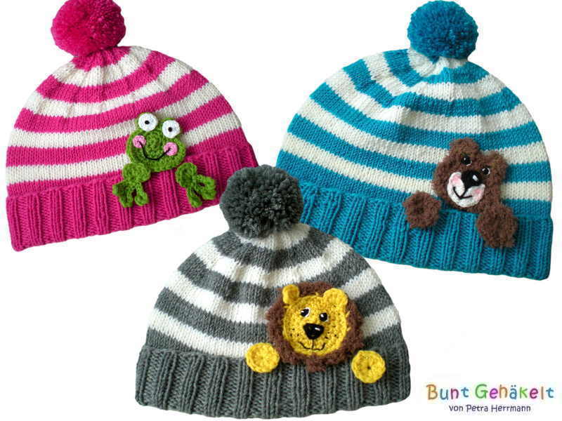 knitted baby hat, 3 sizes, crochet applications