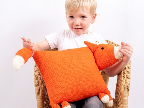 Strickanleitung Tierkissen Fuchs Foxie, größe 30x30 cm, Anfängerfreundlich