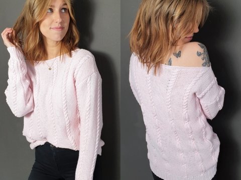 186 Strickanleitung Pullover Wendepullover Zopfmuster Rosa