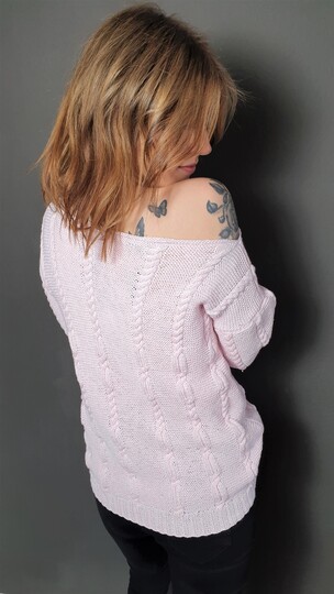 186 Strickanleitung Pullover Wendepullover Zopfmuster Rosa