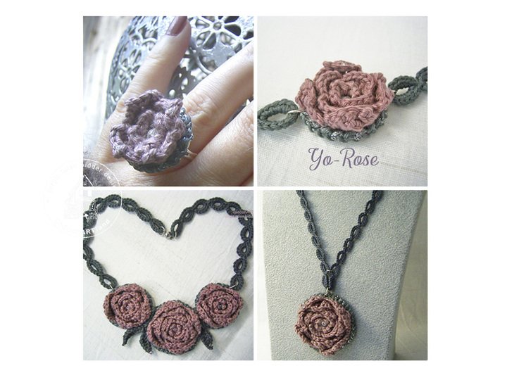 Schmuck häkeln, SET "Yo-Rose" , 4 Anleitungen, Rosendesign
