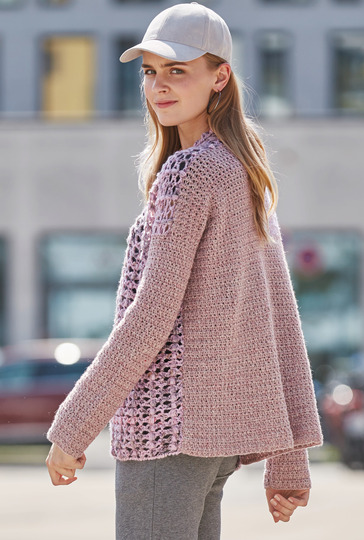 Häkelanleitung: Rosafarbener, gehäkelter Cardigan mit abgesetzten Ärmeln