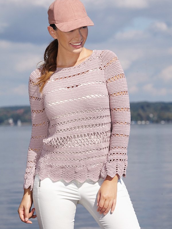 Häkelanleitung: Häkelpulli in Rosa mit transparenten Flechtmuster-Streifen