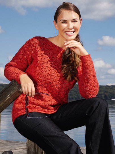 Häkelanleitung: Ziegelroter Pullover mit Muschel-Muster