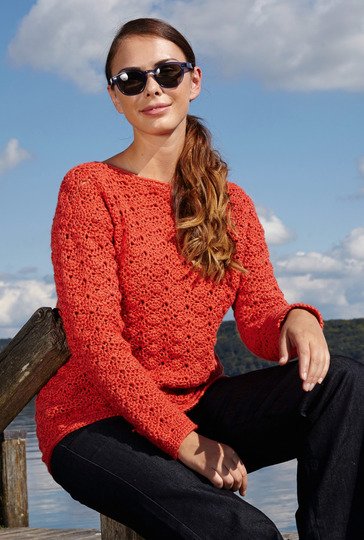 Häkelanleitung: Ziegelroter Pullover mit Muschel-Muster